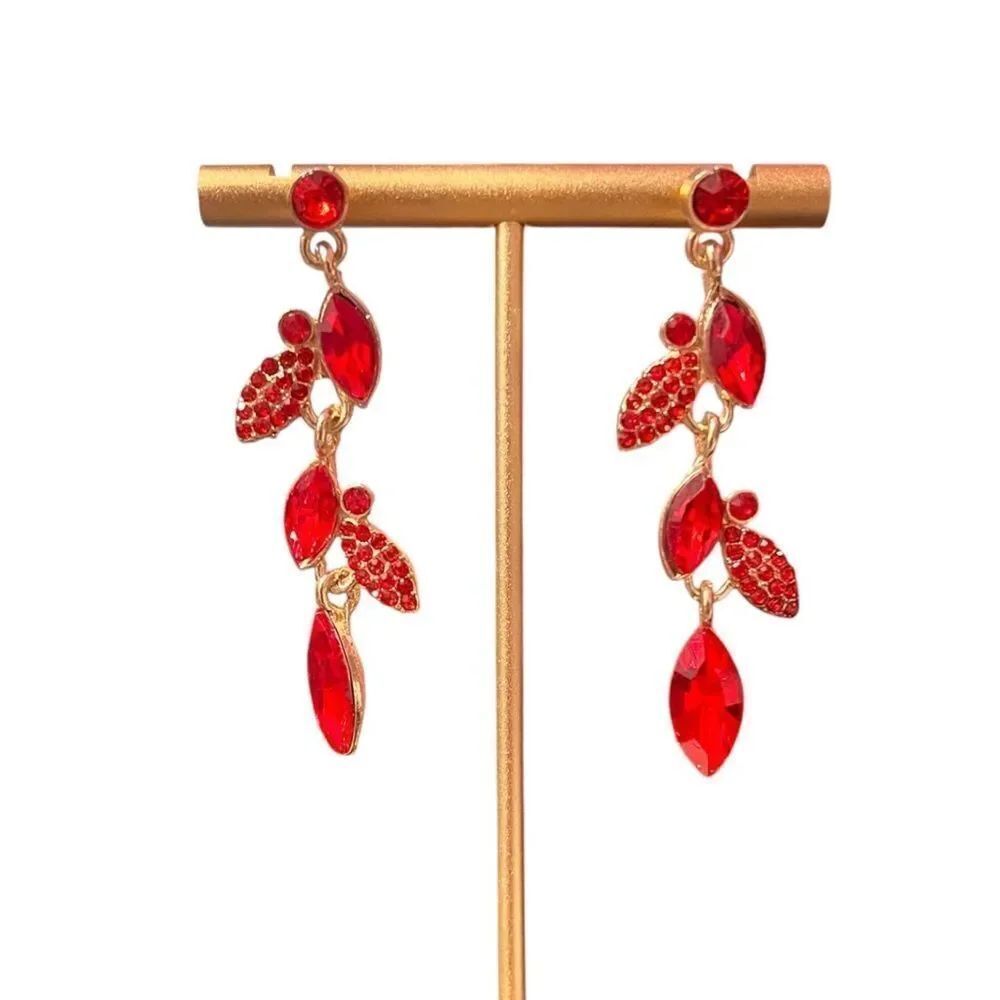 Elegant Red Crystal Leaf Gold Tone Earrings